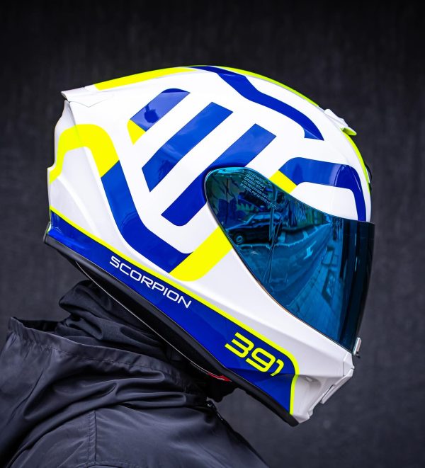 Casco Scorpion Exo-391 Arok Blanco Azul Amarillo - Imagen 3